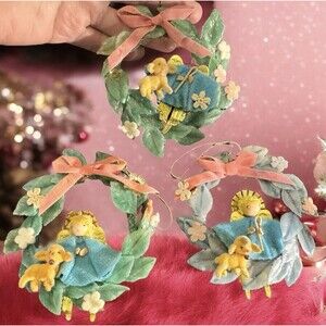 Vintage Christmas Mini Wreath With Angel And Lamb Small 3” Lot Of 3